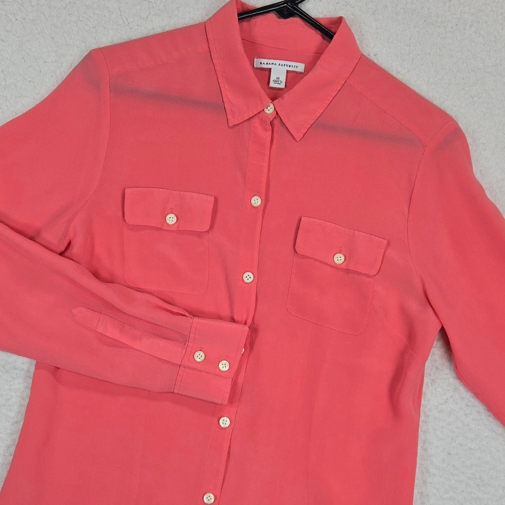 Banana Republic Womens Silk Button Up Blouse 10 Coral Pink Utility Pocket Office